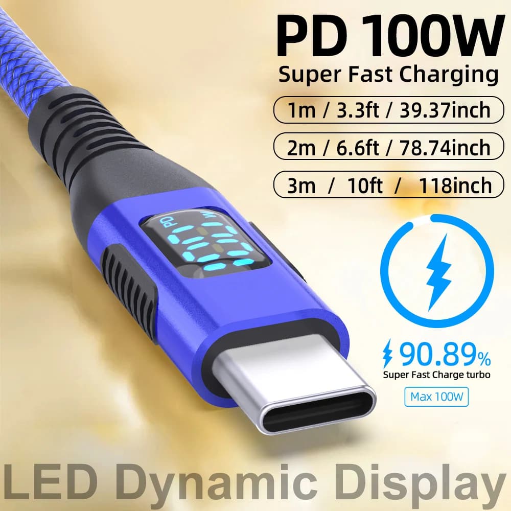 كابل USB-C إلى نوع C مع شاشة LED، 1 متر و2 متر و3 متر، كابل شحن سريع من النايلون المضفر 3A و5A و60 واط و100 واط كحد أقصى، متوافق مع آيفون 15 و16