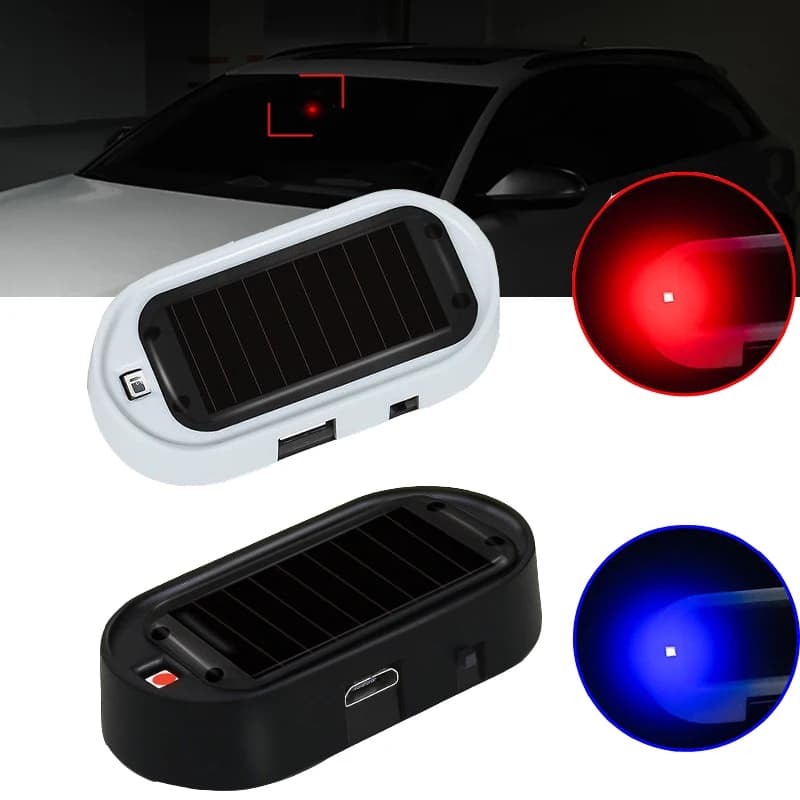 ضوء أمان مزيف يعمل بالطاقة الشمسية LED للسيارة إنذار وهمي محاكاة مصباح تحذير لاسلكي مضاد للسرقة وميض تقليد 2 قطعة