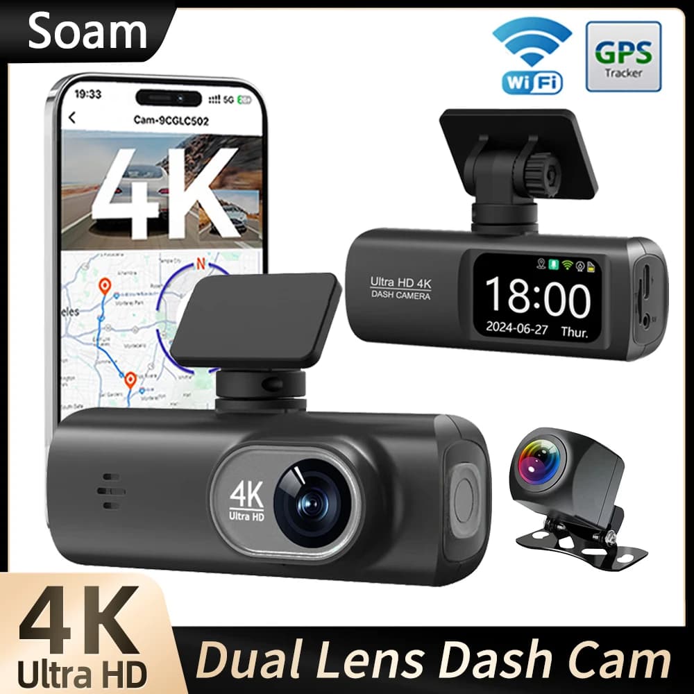 كاميرا سيارة Soam بدقة 4K+1080P، مسجل كاميرا مزدوج القناة مع GPS وWiFi، مسجل سيارة DVR، مراقبة وقوف السيارات 24 ساعة، صندوق أسود
