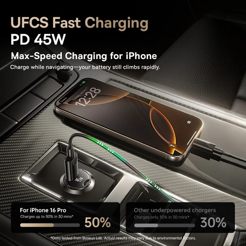 شاحن سيارة Baseus 45W شحن سريع UFCS PPS QC PD للأجهزة اللوحية آيفون 17 16 15 14 سامسونج شاومي هواوي شاحن سيارة صغير - 2