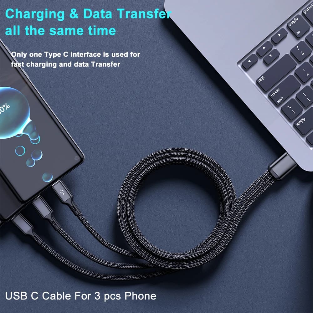 كابل 3 في 1، USB-Type C، 100 واط، شحن سريع، كابل بيانات USB A-3Type-C لسامسونج S24 وشاومي وهواوي وأندرويد، سلك نقل بيانات USB C - 6