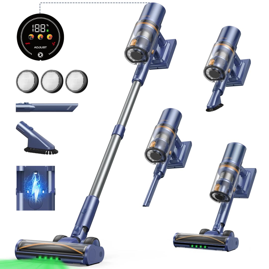 مكنسة كهربائية لاسلكية فائقة القوة Laresar V11 بقدرة 650 واط و75000 باسكال، ووقت تشغيل طويل يصل إلى 90 دقيقة، وبطارية قابلة للإزالة وشاشة ذكية