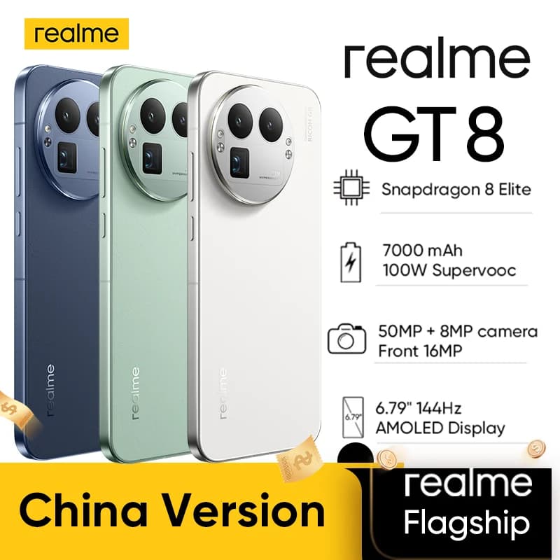 هاتف Realme GT 8 نسخة صينية بطارية 7000 mAh شحن 100W Supercharge معالج Snapdragon 8 Elite شاشة 6.79 بوصة AMOLED 144Hz كاميرا خلفية 50MP