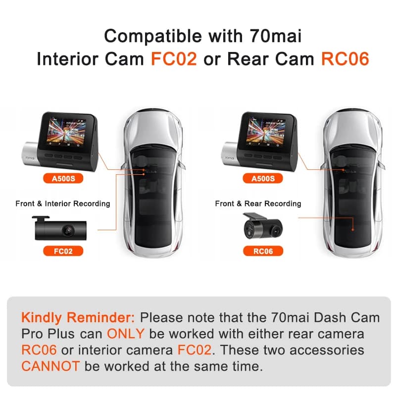 كاميرا سيارة 70mai Dash Cam Pro Plus A500S بدقة 1944P مع نظام ADAS وGPS، كاميرا أمامية A500S بزاوية رؤية 140 درجة، مسجل قيادة مع دعم وقوف السيارات لمدة 24 ساعة وكاميرا داخلية خلفية - 6