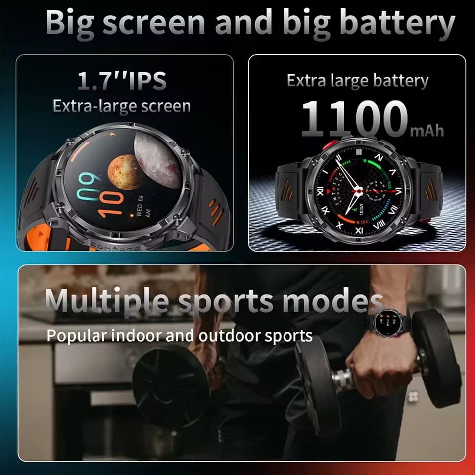 جديد T-REX3 Ultra بطارية 1100mAh ساعة ذكية مقاومة للماء 10ATM مع GPS وبوصلة ومصباح يدوي وشاشة 1.7" AMOLED HD ومكالمات للرياضيين الرجال - 2