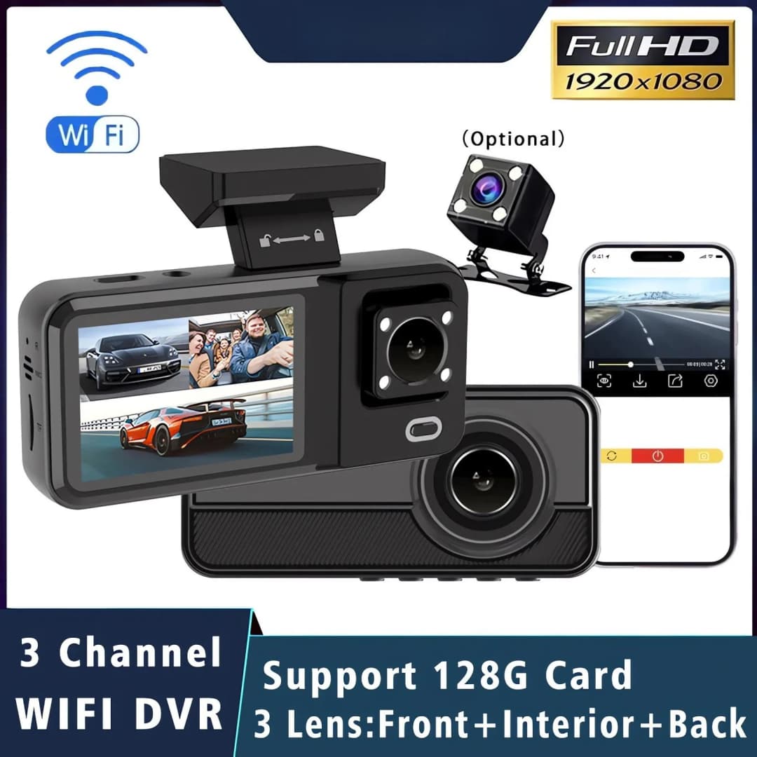 مسجل سيارة DVR بتقنية WiFi بدقة HD 1080P بكاميرا ثلاثية الاتجاهات مسجل فيديو صغير كاميرا لوحة القيادة