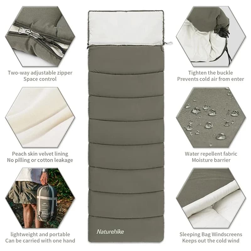 Naturehike Envelope Cotton Sleeping Bag Portable Outdoor Camping Adult Sleeping Bag Single Splicable Hooded Cotton Sleeping Bag - 4