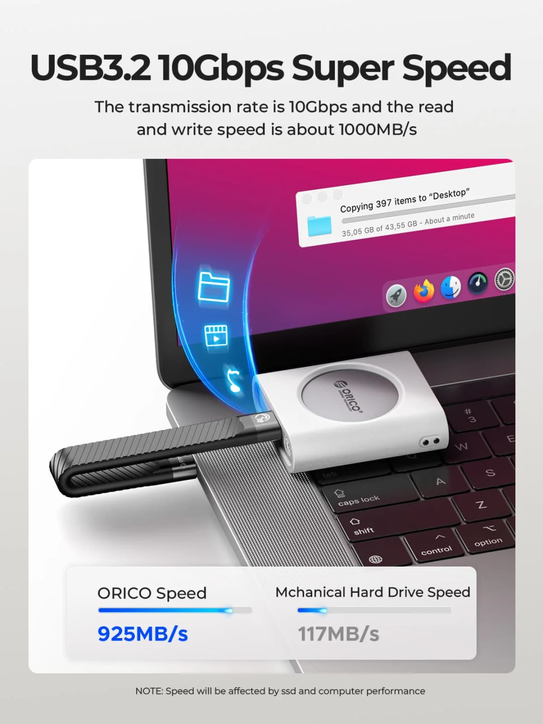 ORICO M.2 2230 NVMe SSD Enclosure USB C 3.2 Gen 2 Type-C 10Gbps to NVMe PCI-E Adapter Aluminum External for iPhone15/16 Pro iPad - 3