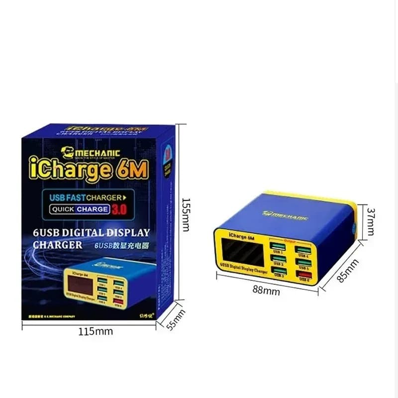 شاحن ذكي MECHANIC iCharge 6M QC 3.0 USB، يدعم الشحن السريع، بشاشة LCD رقمية، شاحن متعدد المنافذ للأجهزة اللوحية والهواتف - 5