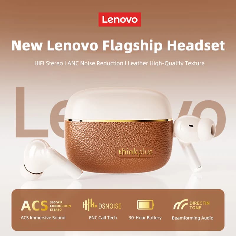 سماعات أذن لينوفو LP27 برو بلوتوث، صوت ستيريو HIFI، تقليل الضوضاء، سماعات رأس لاسلكية بعمر بطارية طويل، تصميم جلدي
