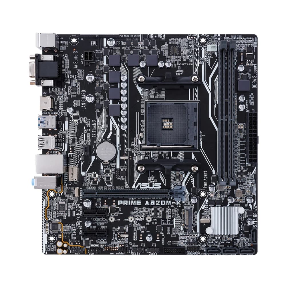 لوحة أم ASUS PRIME A320M-K تدعم معالجات AMD AM4 مثل R5 5600 و 3500X و R7 5700X و 1800X و R3 3200G و R9 5950X مع 4 منافذ DDR4 بسعة 128 جيجابايت ومنافذ HDMI و DVI بحجم mATX - 5