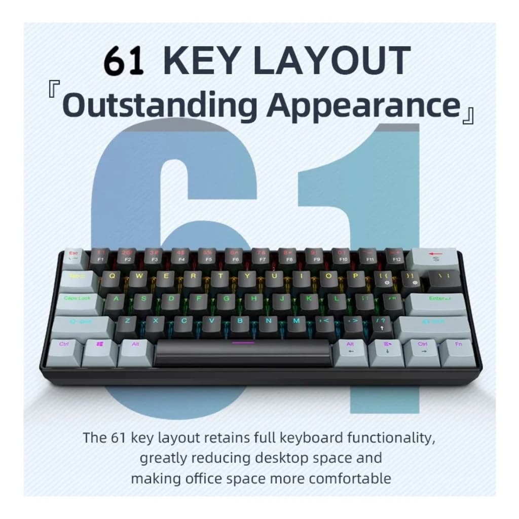 لوحة مفاتيح ميكانيكية سلكية APAYADO K61 - مدمجة 60% (61 مفتاح)، إضاءة خلفية RGB، تصميم محمول، مفاتيح Phantom، للألعاب - 5