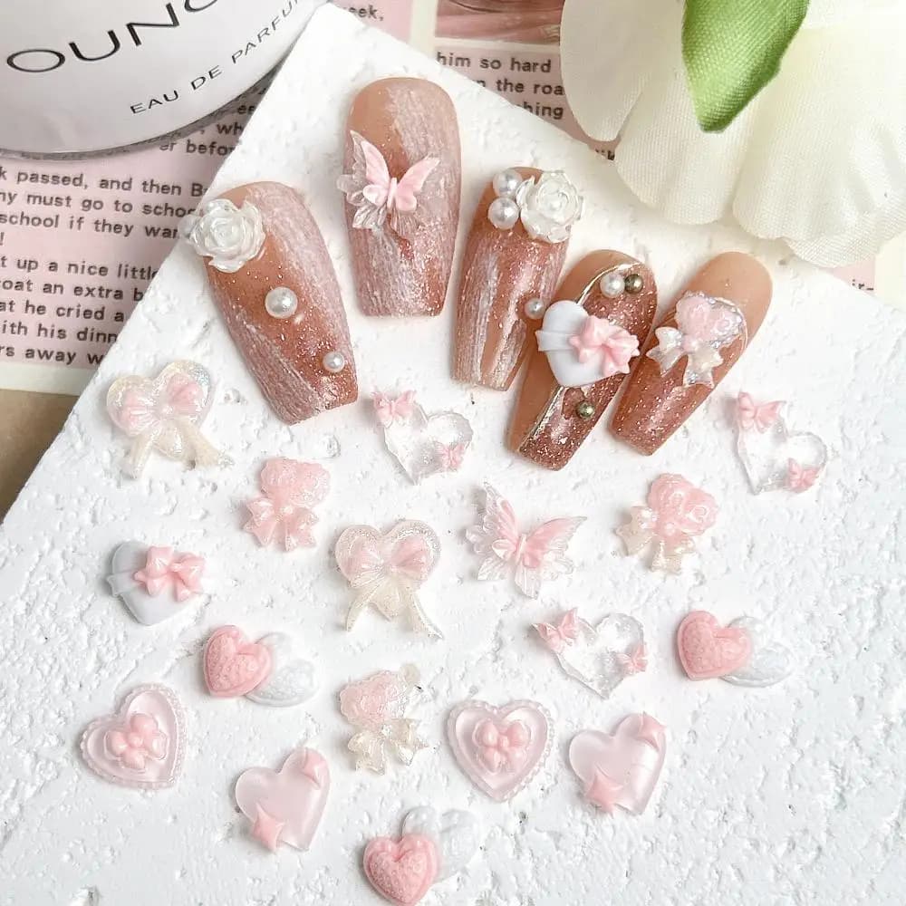 New Pink Series Bow Heart Resin Nail Charms 3D Luminous Double Butterfly Peach Heart Sweet Wind Nail Art Decorations DIY Nails - 2