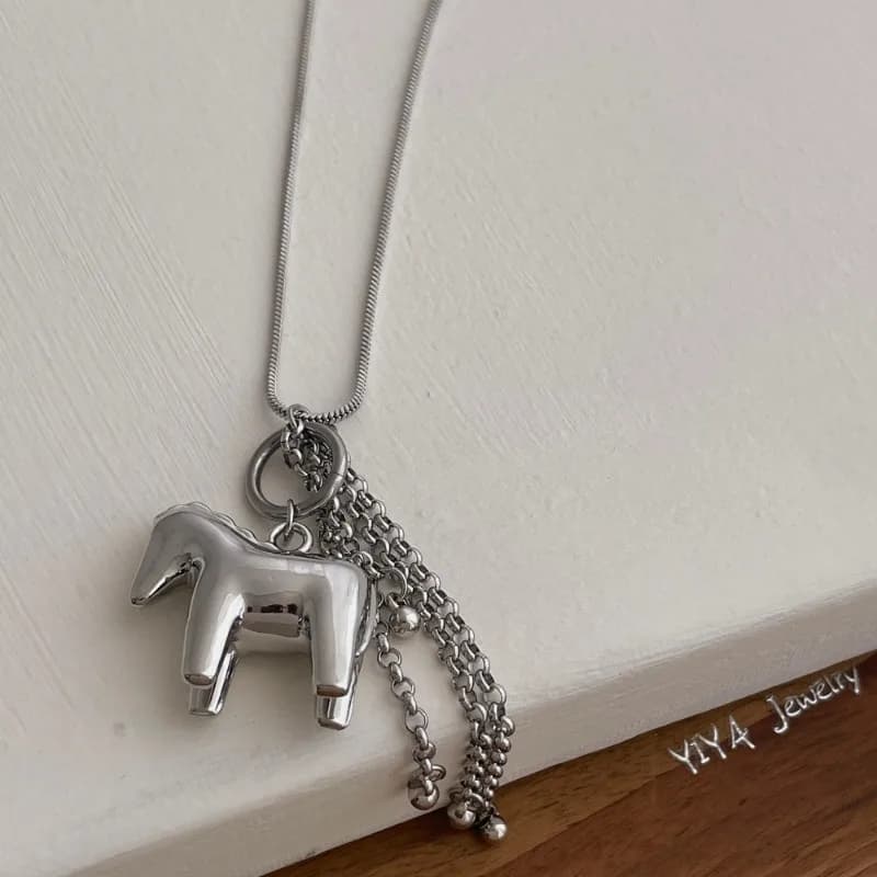 Minar INS Fashion Smooth Surface Horse Chain Tassel Pendant Necklaces for Women Silver Plated Snake Chain Long Sweater Chain - 5