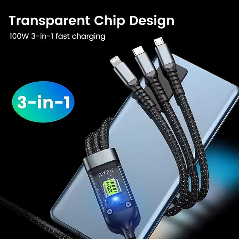 كابل شحن فائق السرعة شفاف 100 واط 3 في 1 مصباح طيار عالمي 6A مع نوع C وUsb Micro لهاتف Iphone وXiaomi وSamsung وHuawei - 5