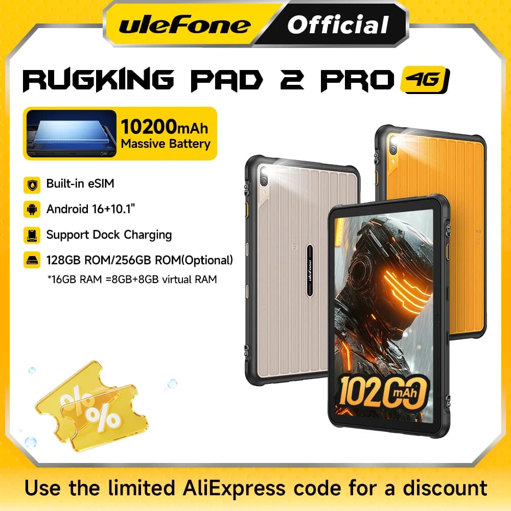 جهاز Ulefone RugKing Pad 2 Pro اللوحي المتين ببطارية 10200 مللي أمبير وشاشة 10.1 بوصة وذاكرة تصل إلى 16 جيجابايت وسعة تخزين 256 جيجابايت بنظام أندرويد 16 وكاميرا 48 ميجابكسل و4G، نسخة عالمية