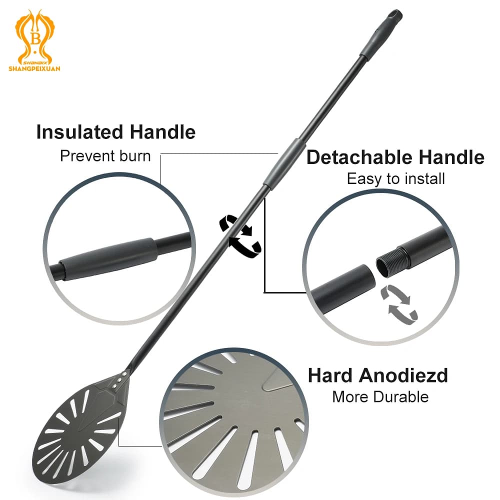 SHANGPEIXUAN 12" Hard Anodized Pizza Peel with Pizza Turning Shovel Set Perforated Rectangle Aluminum Pizza Peel Silicone Handle - 2