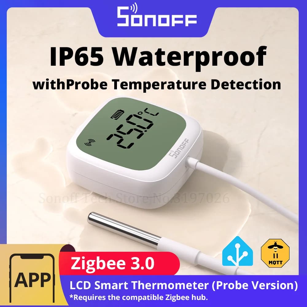 مقياس حرارة ذكي SONOFF SNZB-02LD Zigbee3.0 بشاشة LCD مع مسبار مقاوم للماء IP65 للثلاجة وحوض السمك وقبو النبيذ عبر ZBBridge-P