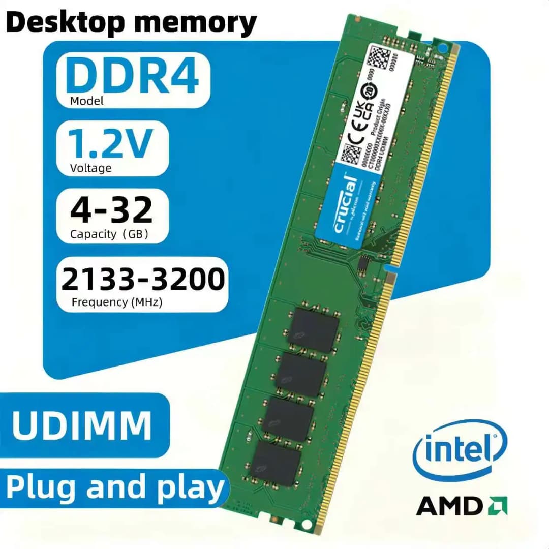 ذاكرة رام كروشيال DDR4 بسعة 4/8/16/32 جيجابايت بتردد 2133/2400/2666/3200 ميجاهرتز لذاكرة سطح المكتب UDIMM 288-Pin متوافقة مع إنتل وAMD رايزن