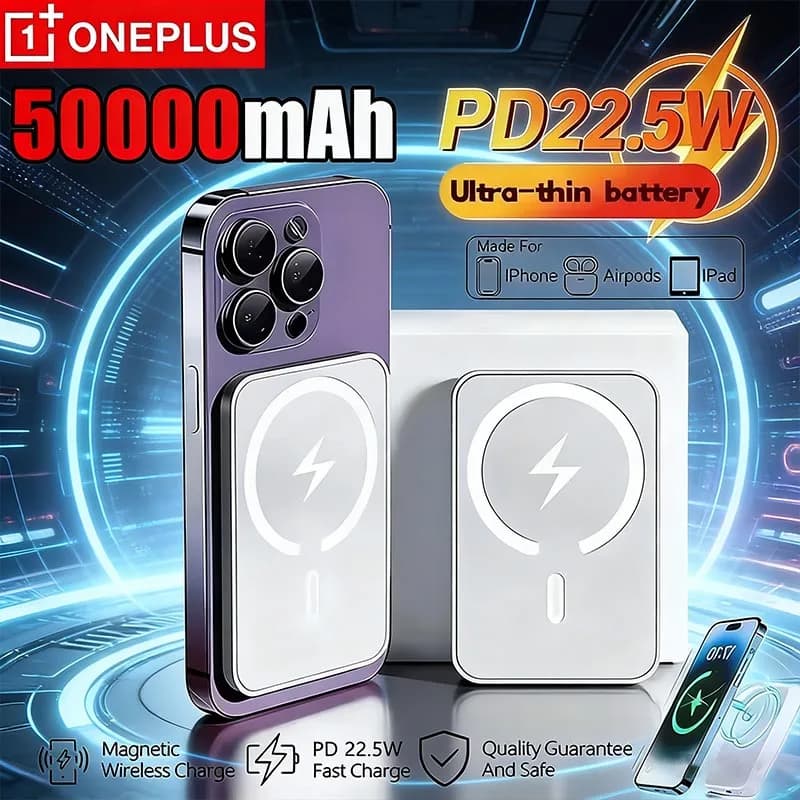 بنك طاقة لاسلكي مغناطيسي OnePlus بسعة 50000 مللي أمبير شاحن سريع PD 22.5 واط بنك طاقة محمول بطارية خارجية جديدة لهواتف آيفون وسامسونج