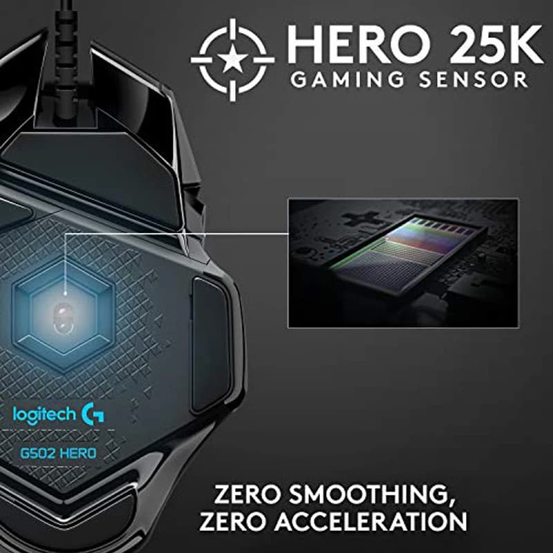ماوس ألعاب سلكي عالي الأداء Logitech G502 HERO، مستشعر HERO 25K، دقة 25,600 DPI، إضاءة RGB، أوزان قابلة للتعديل، 11 زر للكمبيوتر/ماك - 3
