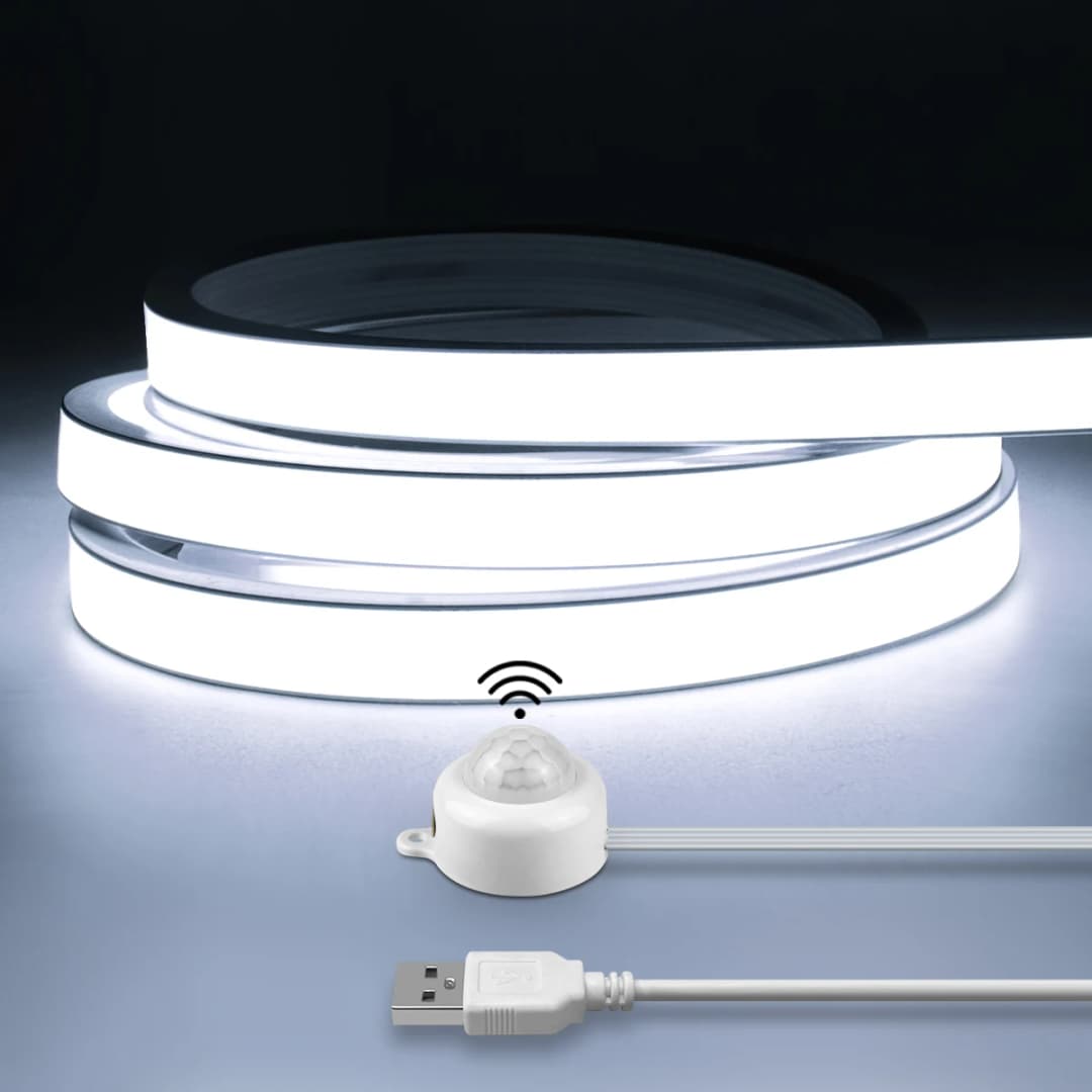 مستشعر حركة PIR ذكي، شريط إضاءة نيون LED COB فائق السطوع، تشغيل/إيقاف تلقائي، 320 LED لكل متر، مقاوم للماء، مناسب للمطبخ، الدرج، وديكور الخزانة