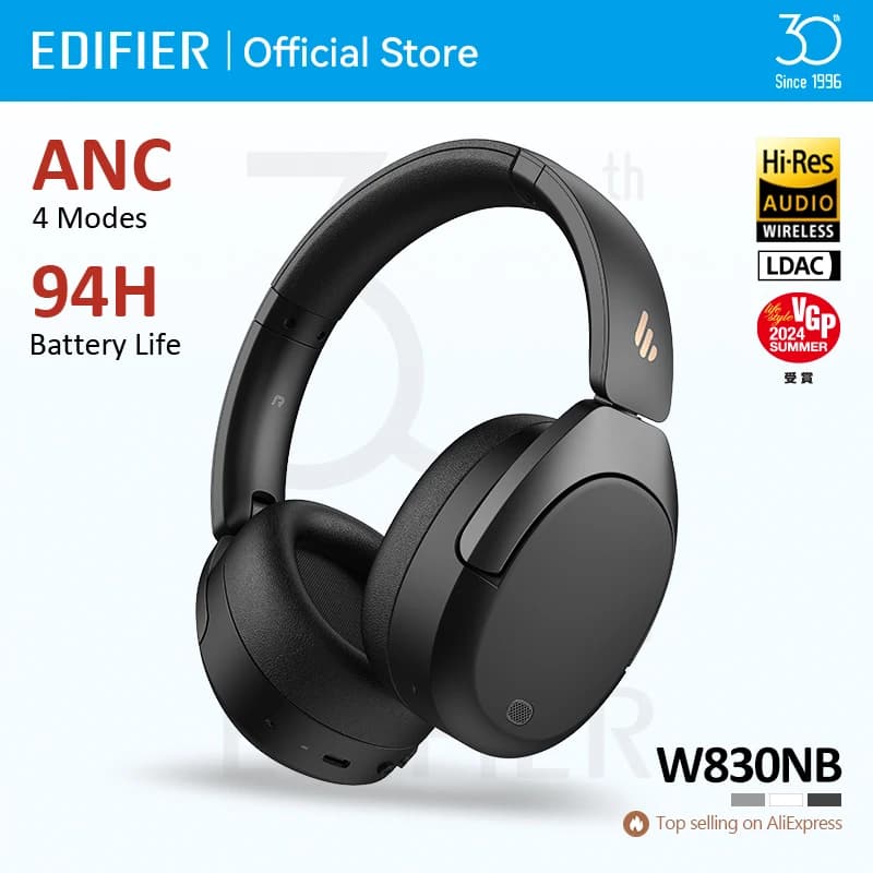 سماعات الرأس اللاسلكية Edifier W830NB بلوتوث 5.4 إلغاء الضوضاء النشط دقة عالية فوق الأذن LDAC قابلة للطي -45dB ANC 94 ساعة