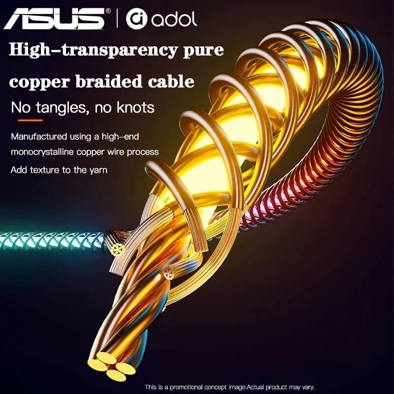 كابل بيانات إضاءة تدرجية مضيئة RGB للشحن السريع من ASUS بقوة 66 واط TYPE-C لشحن iPhone 15 وXiaomi وSamsung - 4