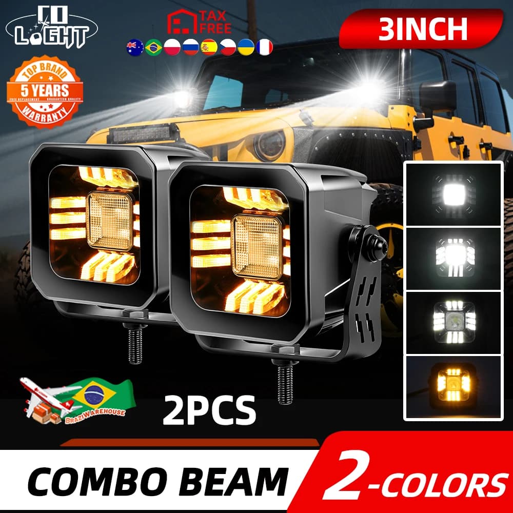 إضاءة عمل LED جديدة مقاس 3 بوصات، بيضاء وصفراء، شريط إضاءة LED 4x4، بقعة وإضاءة غامرة 50000 لومن للجرارات والشاحنات والسيارات الرباعية 12V 24V