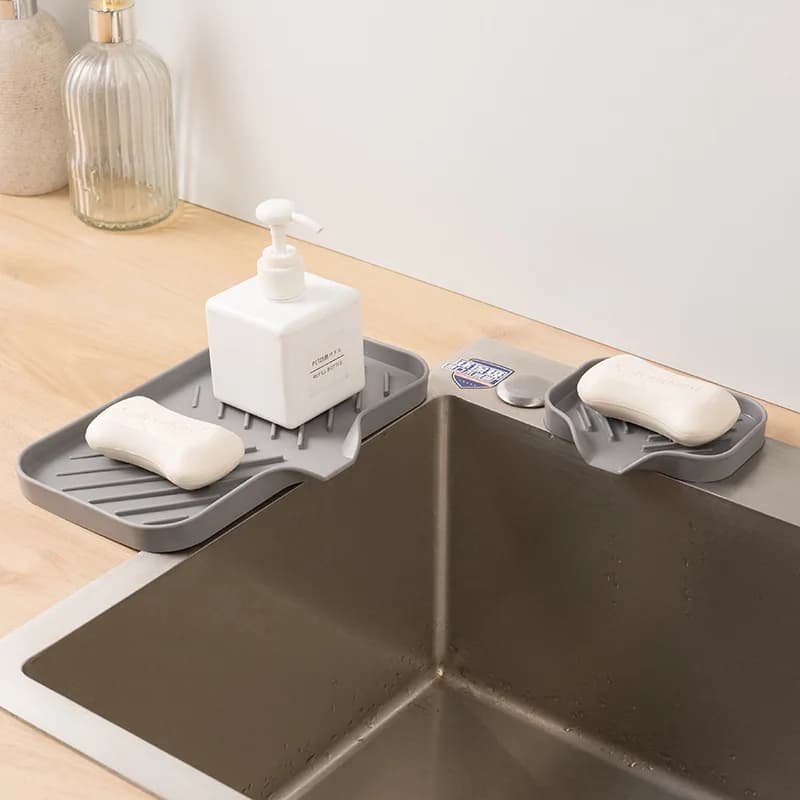 1/2pcs Kitchen Sink Silicone Tray With Drain Soap Sponge Storage Holder Countertop Sink Scrubber Brush Soap Storage Rack - 5