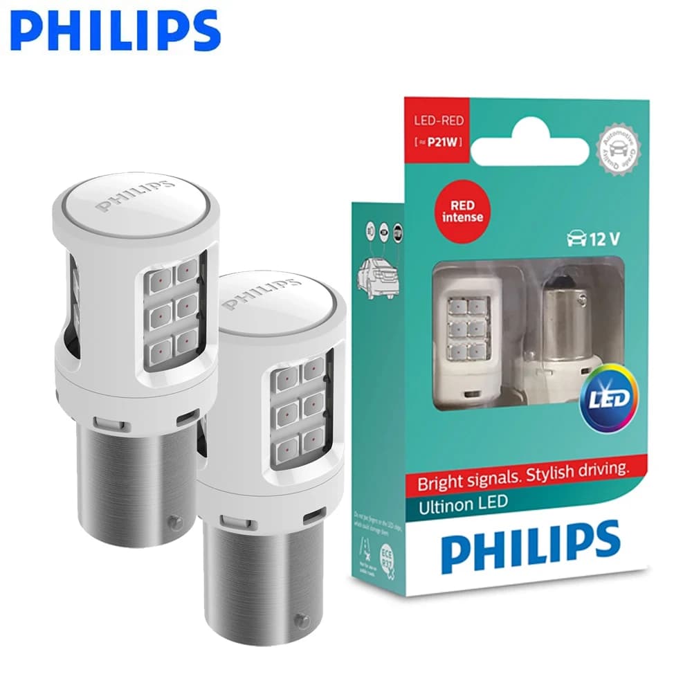 Philips Ultinon LED P21W S25 LED Red Color BA15s Car Turn Signal Indicators Light Fog Lamp Reversing Light 11498ULRX2, Pair