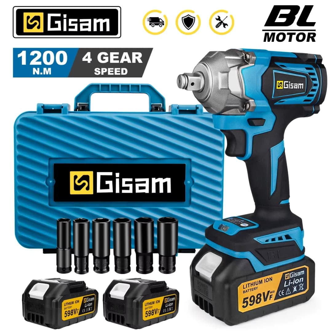 مفتاح ربط كهربائي بدون فرشاة من Gisam بعزم 1200N.M 1/2 بوصة مفتاح ربط لاسلكي ومفك كهربائي يعمل ببطارية Makita 18V