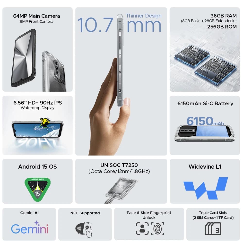 Global Version DOOGEE Blade10 Ultra Energy Rugged Phone Gemini AI 10.7mm Ultra-thin 6150mAh Battery  Android 15 Smartphone NFC - 2