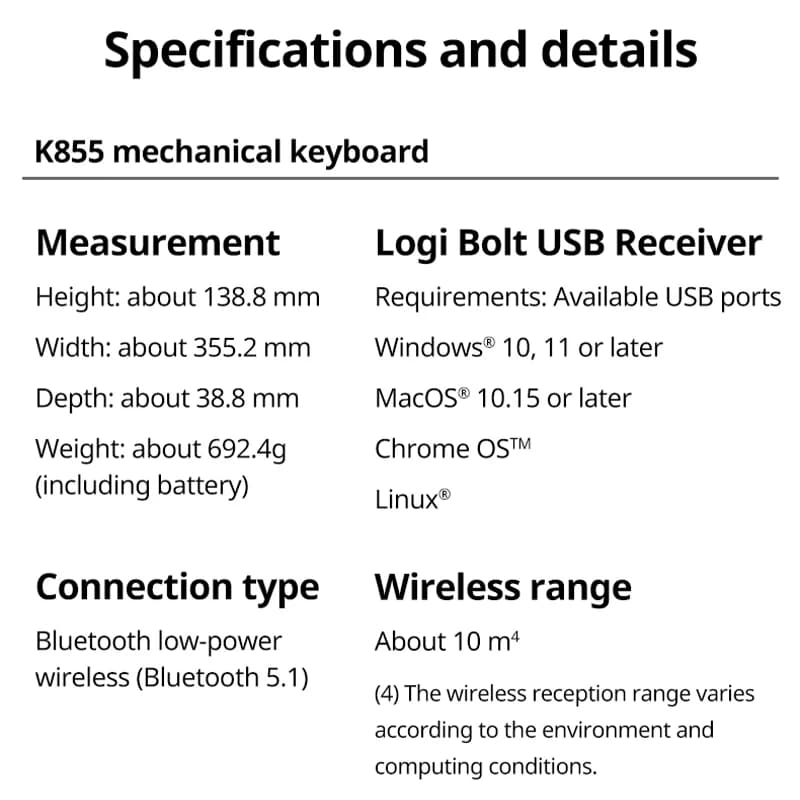مجموعة لوحة مفاتيح وفأرة ميكانيكية لاسلكية Logitech MK855، مفاتيح TTC حمراء، بلوتوث وLogi Bolt، مجموعة مكتبية متعددة الأجهزة - 6