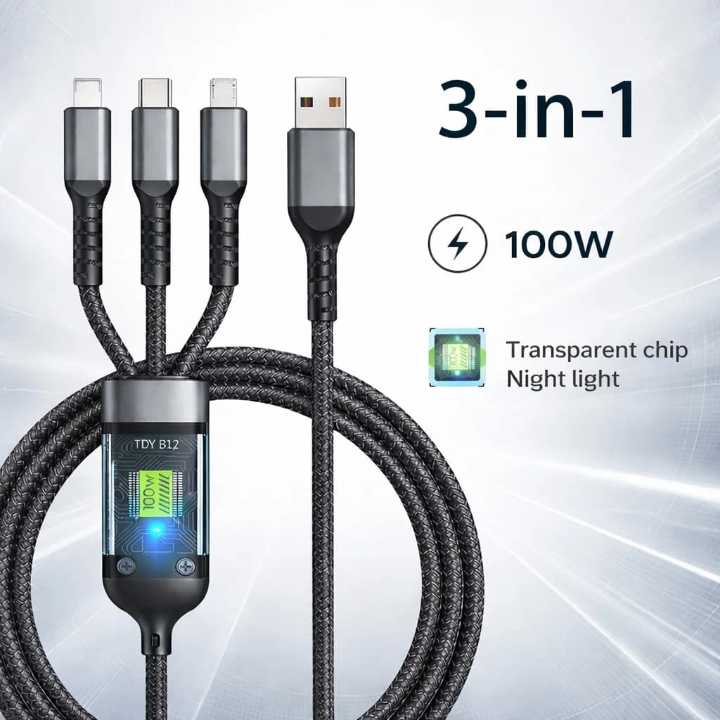 كابل شحن سريع 3 في 1 بقوة 100 واط، كابل متعدد المنافذ USB Type C وMicro وIP شفاف، كابل شحن بيانات 6A لهواتف iPhone 15 وSamsung وHuawei