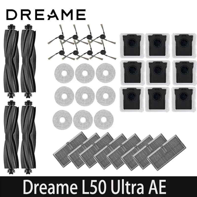 إكسسوارات مكنسة روبوت Dreame L50 Ultra AE: فرشاة جانبية رئيسية، قماش مسح، مرشح HEPA، كيس غبار، قطع غيار