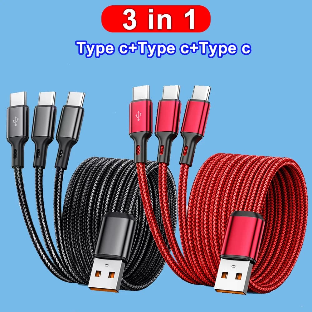كابل شاحن 100 واط 3 في 1 متعدد المنافذ USB C كابل شحن سريع 6A USB-A إلى 3 ×Type-C لهواتف سامسونج جالاكسي S24 وشاومي ريدمي وهواوي