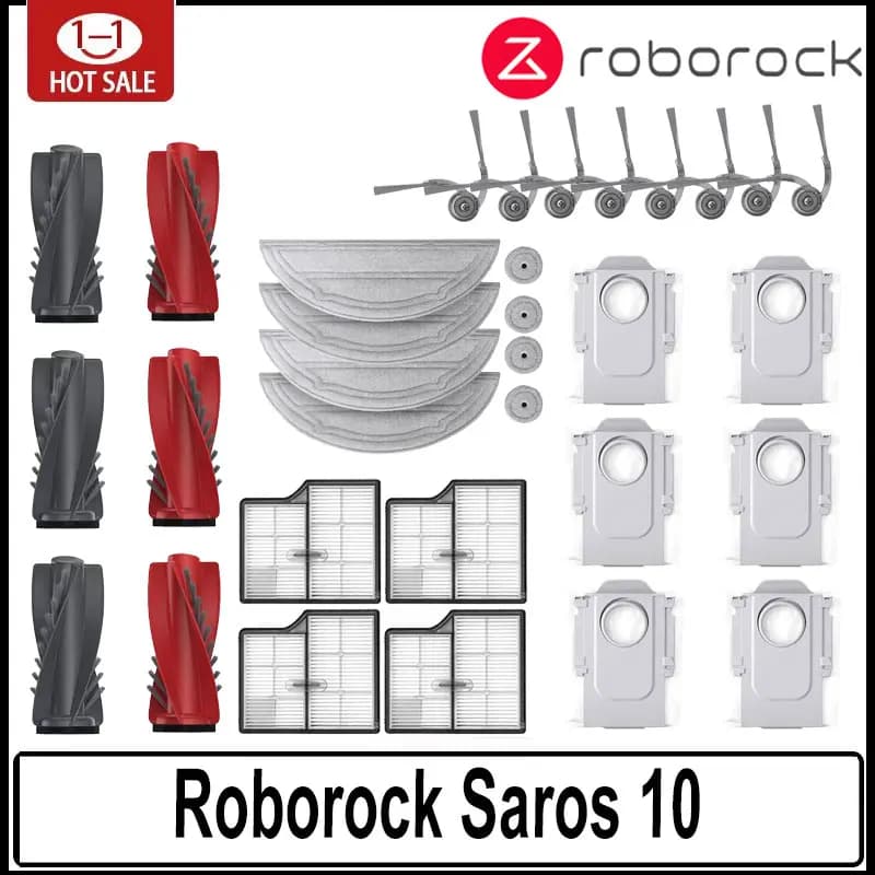 إكسسوارات مكنسة روبوروك Saros 10 تشمل فرشاة دوارة رئيسية وفرشاة جانبية وفلتر هيبا وقماش مسح وكيس غبار