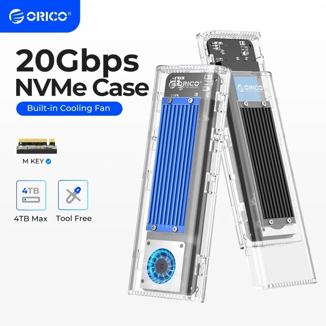 ORICO علبة M.2 NVME SSD بسرعة 20 جيجابت/ثانية مع مروحة تبريد محول USB 3.2 Gen 2 x 2 PCIE NVME سعة 4 تيرا بايت لمفتاح PCIe M