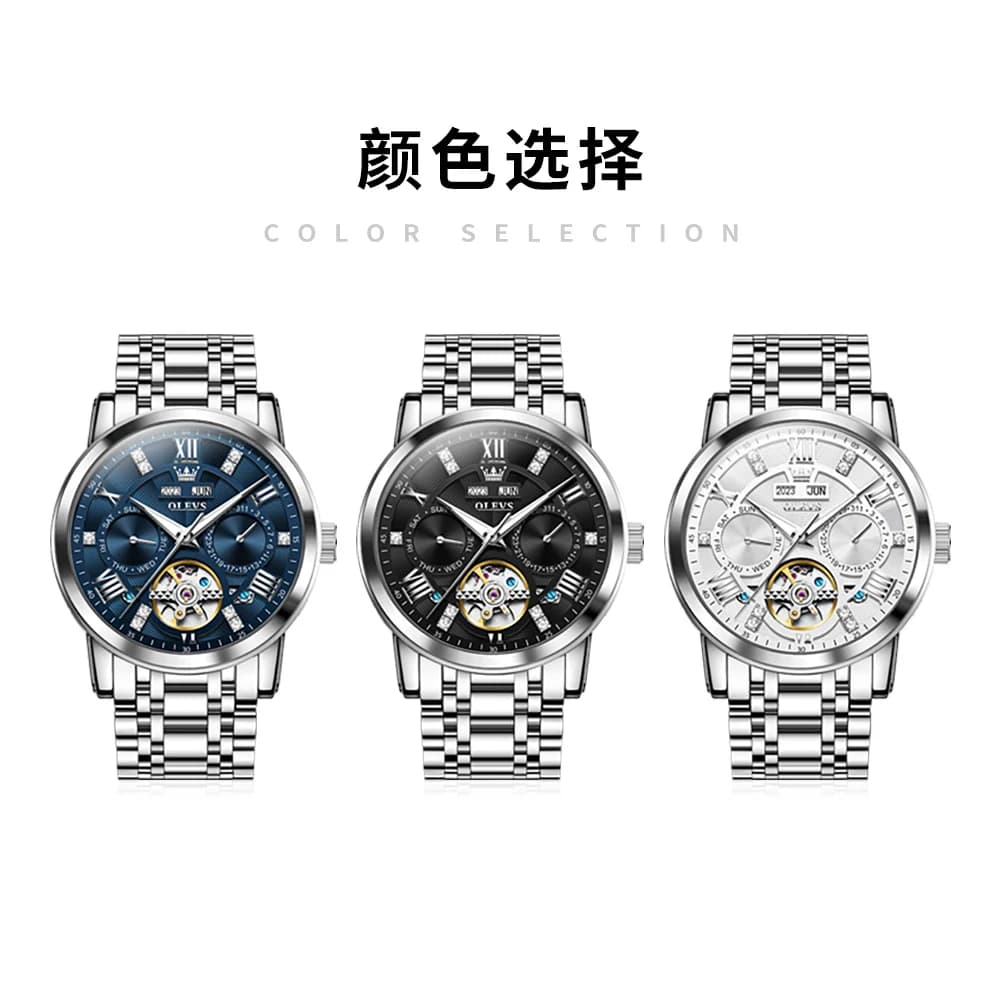 OLEVS Men's Watches Skeketon Flywheel Automatic Mechanical Original Wristwatch for Man Waterproof Luminous Perpetual Calendar - 6