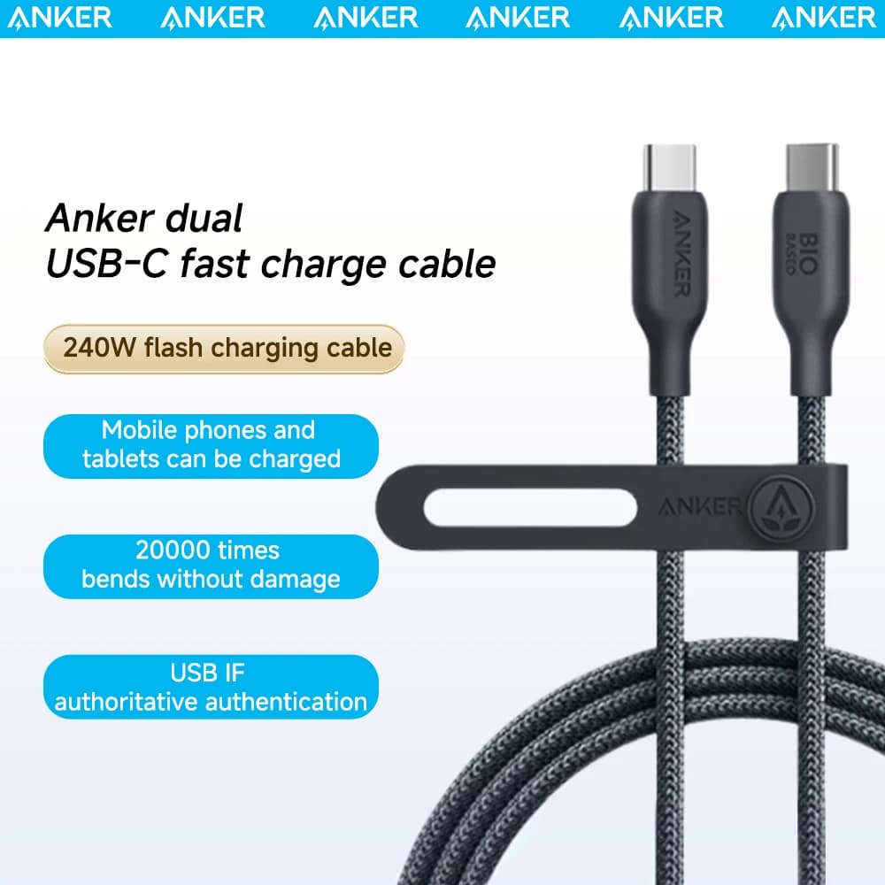أنكر كابل USB-C إلى USB-C بقوة 240 واط، كابل بيانات من النايلون الحيوي المضفر صديق للبيئة لهواتف آيفون 15 وآيباد برو وماك بوك وأندرويد - 2