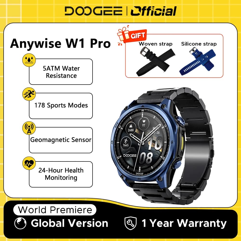 ساعة DOOGEE ANYWISE W1 PRO الذكية مقاومة للماء حتى 5ATM مع 178 وضع رياضي ومراقبة الصحة ومستشعر جيومغناطيسي وخرائط دون اتصال