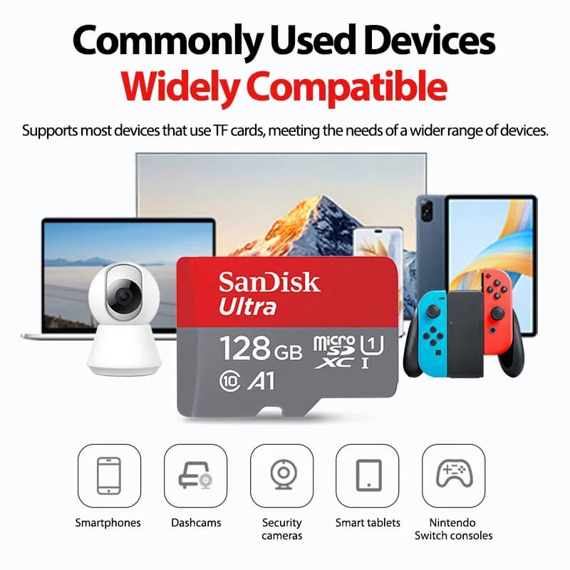 بطاقة ذاكرة SanDisk Micro SD بسعة 32 جيجابايت و64 جيجابايت و128 جيجابايت و256 جيجابايت و512 جيجابايت C10 A1 بسرعة عالية لبطاقة ذاكرة Microsd لهاتف الكاميرا - 6