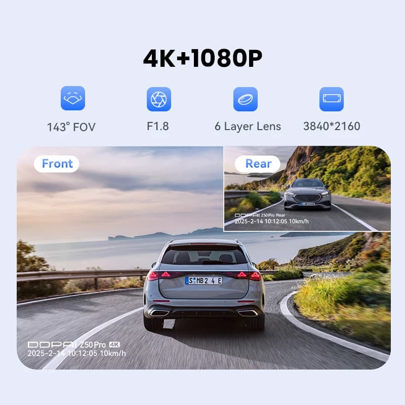كاميرا سيارة DDPAI Z50 Pro بدقة 4K مع رؤية ليلية، واي فاي 5 جيجاهرتز، GPS، ADAS، وضع ركن 24 ساعة، كاميرا أمامية وخلفية - 3