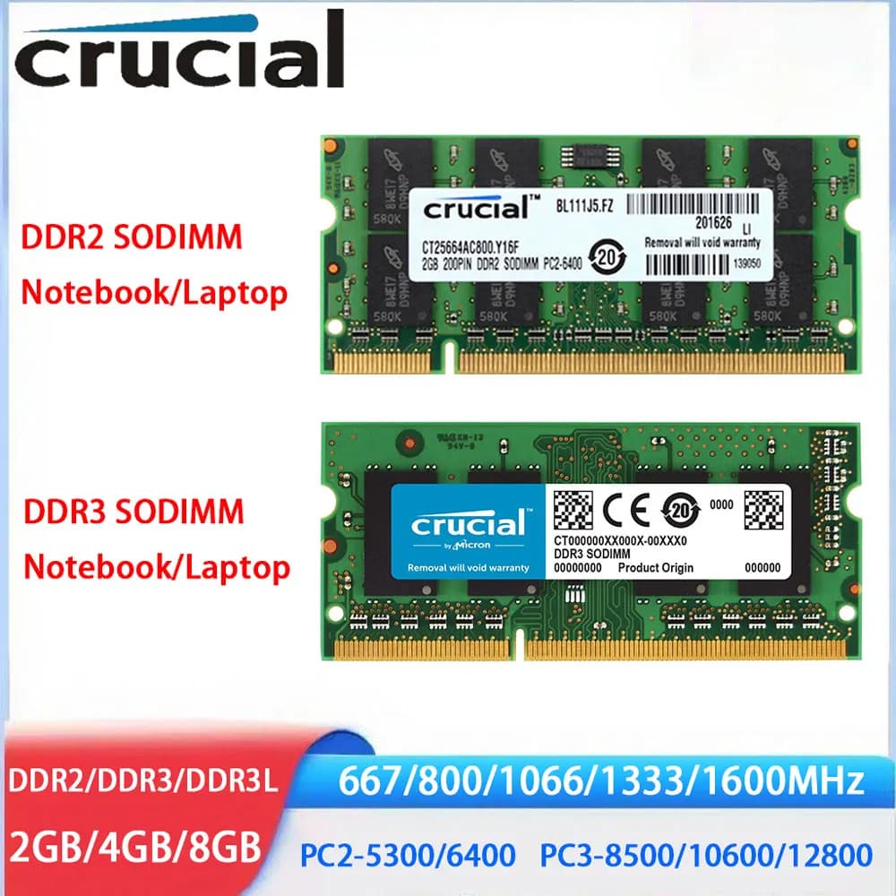 ذاكرة كمبيوتر محمول Crucial DDR3 DDR3L DDR2 بسعة 2 جيجابايت و4 جيجابايت و8 جيجابايت وسرعة 1600 و1333 و1066 و667 و800 ميجاهرتز PC3-8500 و10600 و12800 وفولتية 1.5V و1.35V لاجهزة النوت بوك SODIMM RAMs