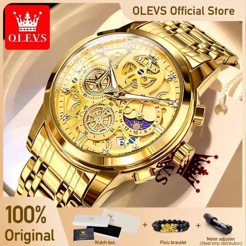 ساعات OLEVS رجالي ماركة فاخرة أصلية مقاومة للماء كوارتز ذهبية ستايل هيكل عظمي 24 ساعة ليل نهار جديدة