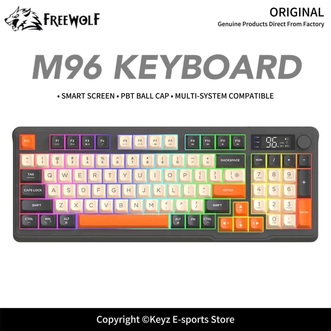 لوحة مفاتيح ميكانيكية لاسلكية ثنائية الوضع من FREEWOLF M96، 2.4G بلوتوث 5.0، 96 مفتاحًا قابلة للتبديل السريع، أغطية مفاتيح PBT للرياضات الإلكترونية