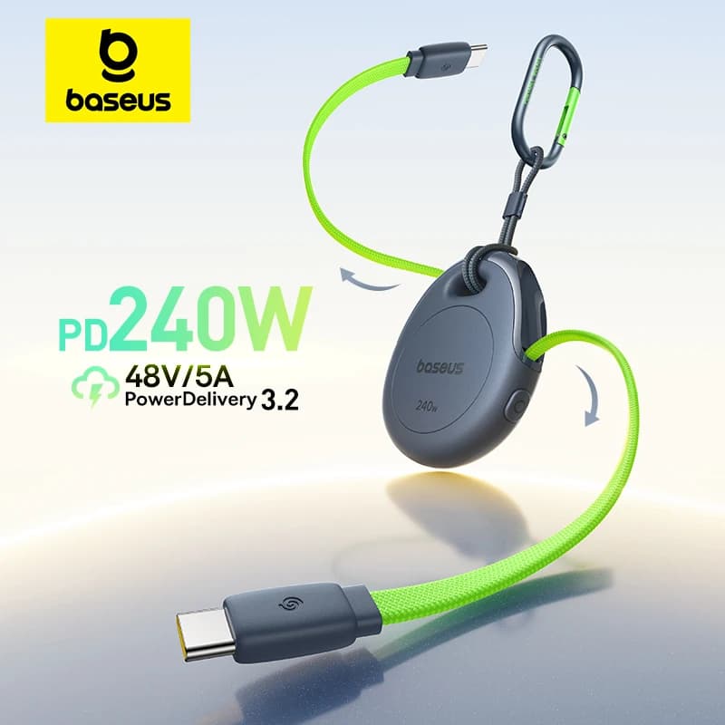 كابل Baseus قابل للسحب بضغطة واحدة 240 واط USB-C Type-C للشحن السريع ونقل البيانات لهاتف iPhone وحاسوب MacBook مع مشبك كارابينر