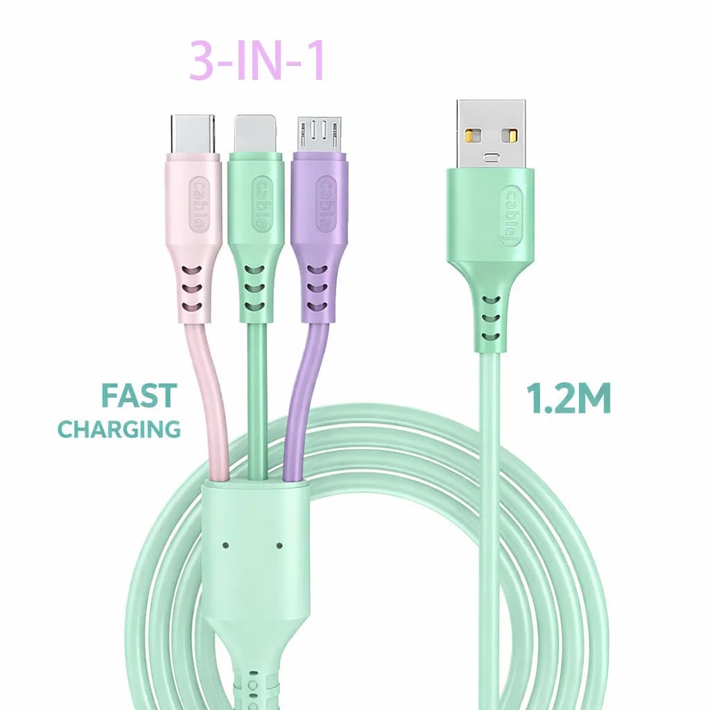كابل USB 3 في 1 للشحن السريع 6 أمبير ومزامنة البيانات لهواتف آيفون وشاومي وهواوي وفيفو، كابل Type-C ومايكرو، كابل شحن عالي السرعة