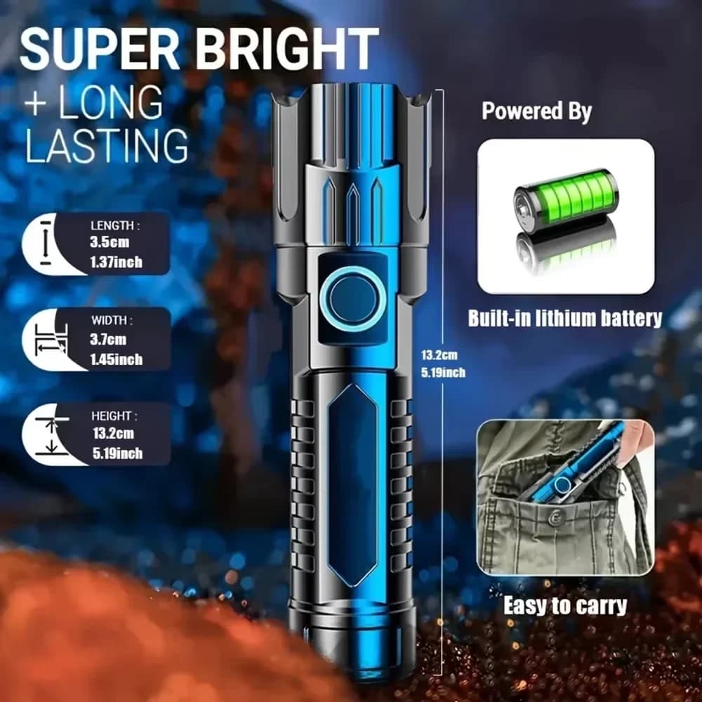 كشاف LED فائق السطوع، كشافات قابلة لإعادة الشحن عبر USB، مع زووم تكتيكي، كشاف قوي، كشاف تخييم وصيد في الهواء الطلق - 3